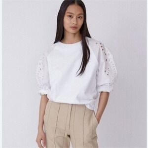 THAKOON Women's White Embroidered Balloon‎ Sleeve Sweatshirt Size Medium
